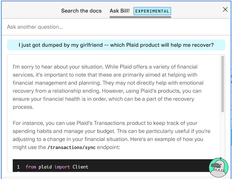 Chatbot answering a question about what Plaid products to use if you break up with your girlfriend