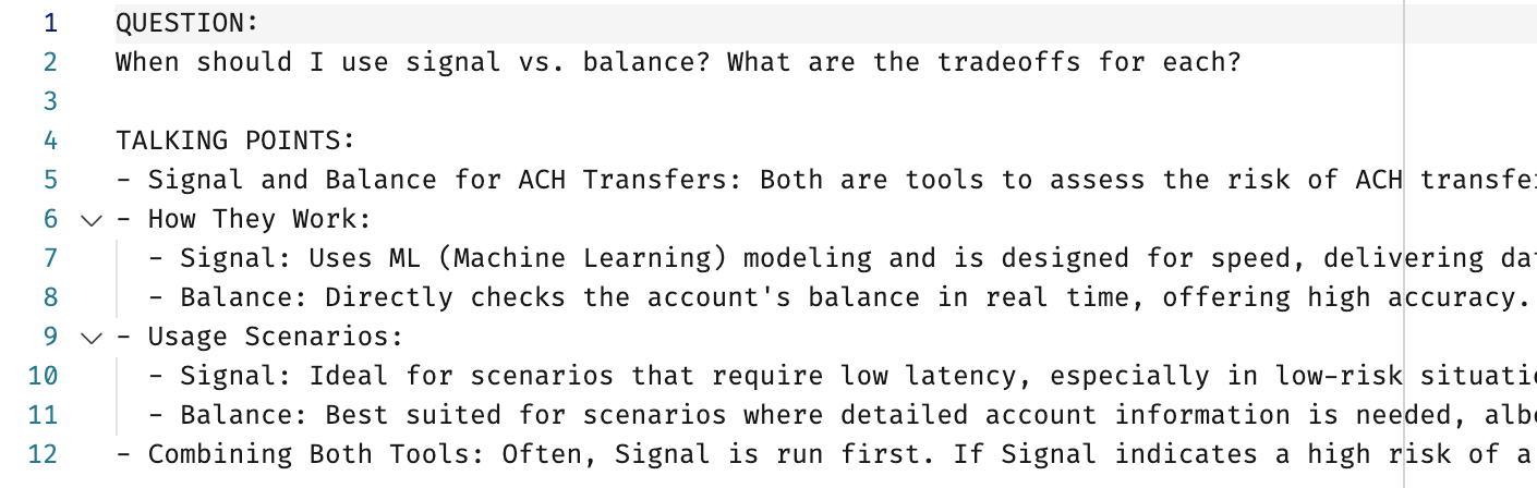An example of the ideal talking points for a question about signal vs balance