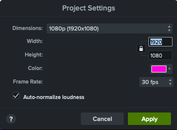 Camtasia project settings dialog
