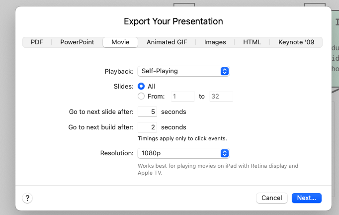 Keynote Export dialog with Self-Playing playback option