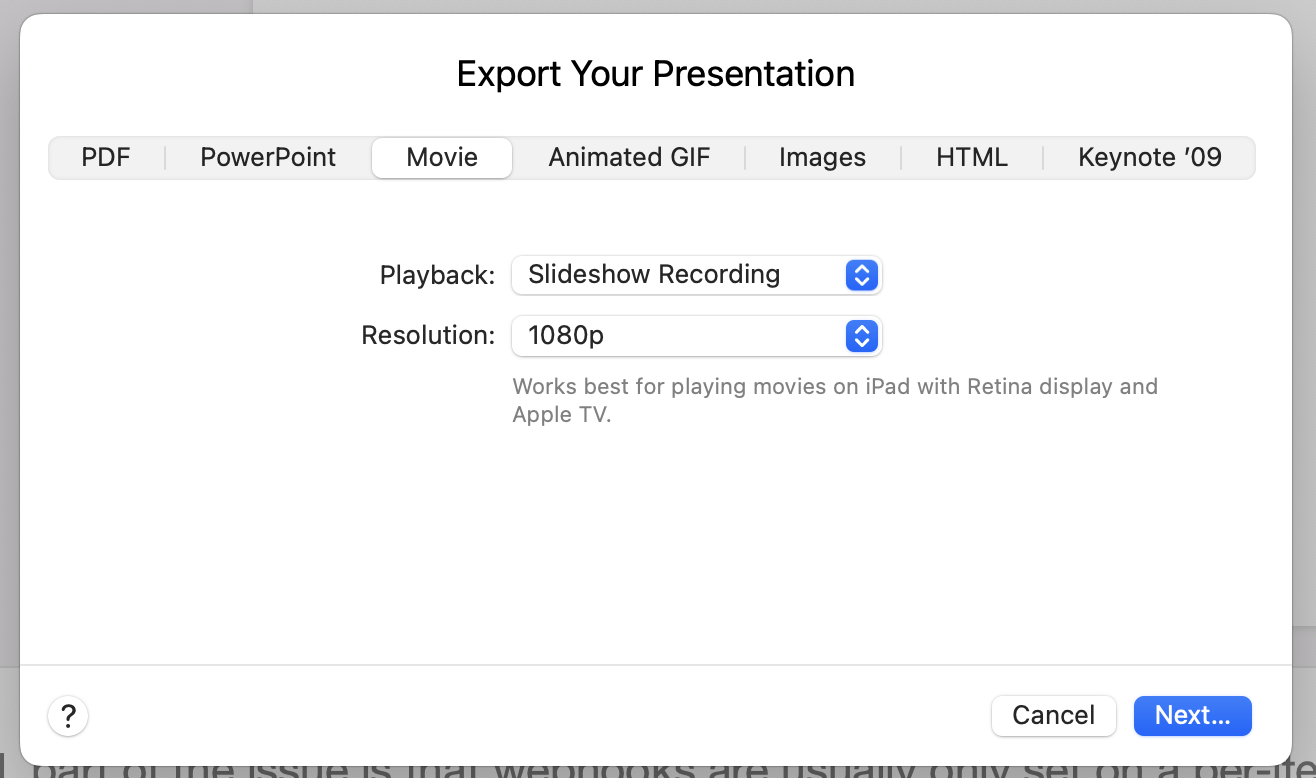 Keynote Export dialog with Slideshow Recording playback option