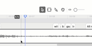 Animated demonstration of the Blade tool splitting an audio clip in Descript's timeline