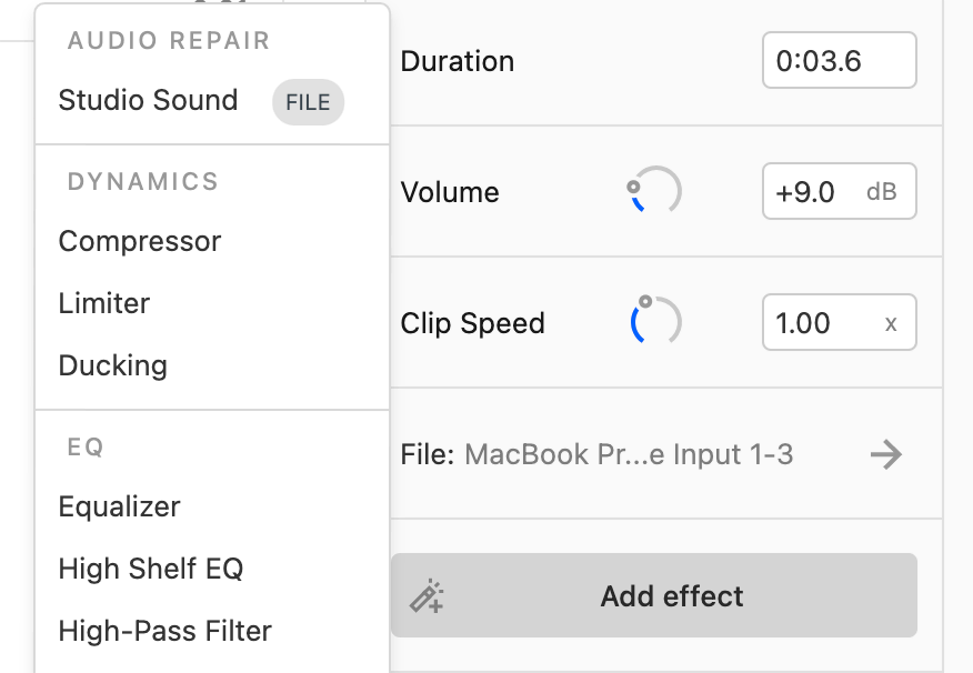 Descript's Audio clip panel showing the Add Effect button and Studio Sound option