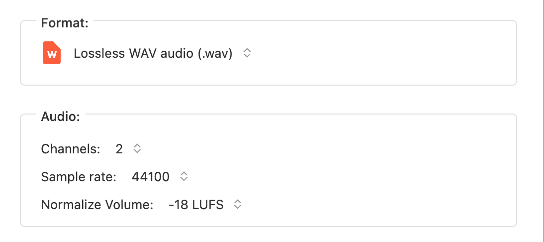 Descript export settings showing Lossless WAV audio format, 2 channels, 44100 sample rate, and -18 LUFS normalized volume