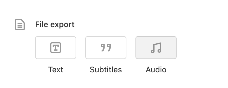 Descript's File Export dialog showing Text, Subtitles, and Audio options