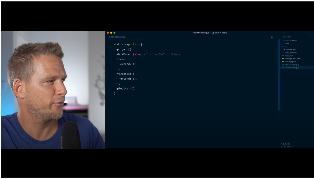 A screenshot of the Tailwind tutorial video with a man speaking next to some code