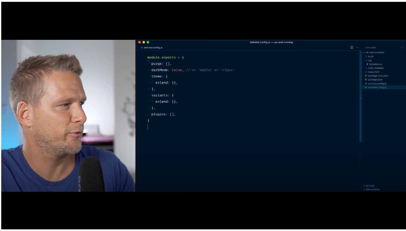 A screenshot of the Tailwind tutorial video with a man speaking next to some code
